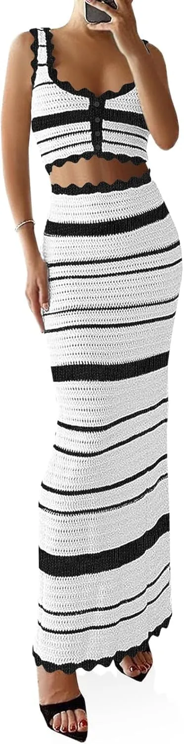 Womens 2 Piece Sets Summer Striped Crochet Knit Coverup Sleeveless Button Crop Tank Top Bodycon Maxi Skirt