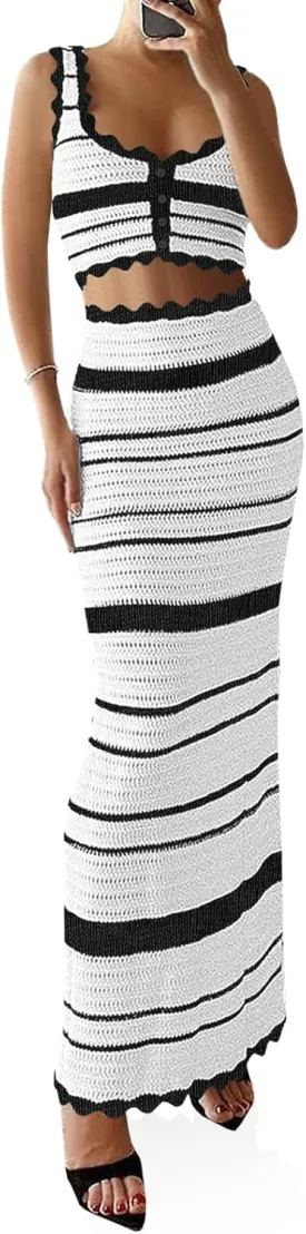 Womens 2 Piece Sets Summer Striped Crochet Knit Coverup Sleeveless Button Crop Tank Top Bodycon Maxi Skirt