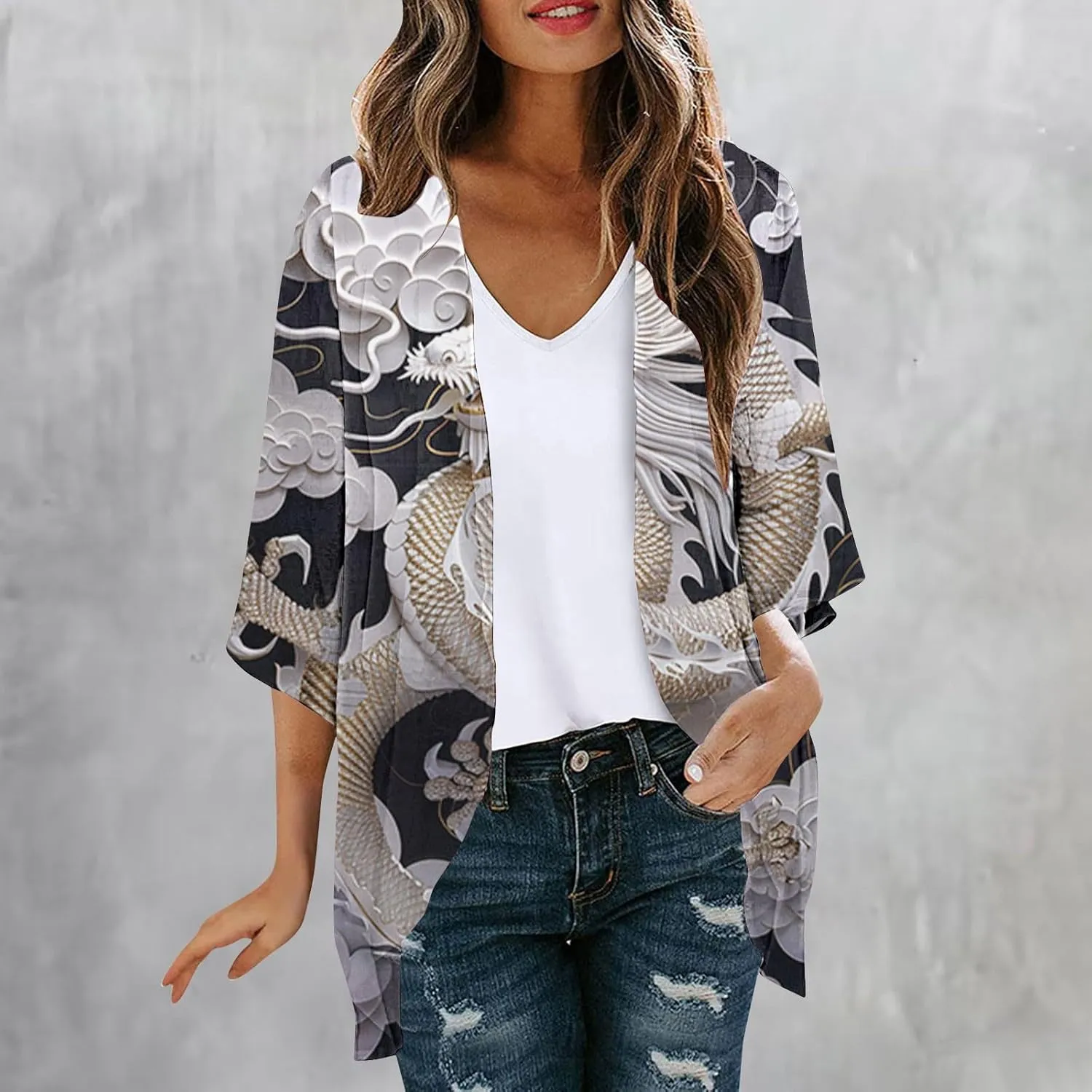 Womens Boho Kimono Cardigans Loose Floral Print Cover Up Chiffon Beach Wear Swimsuit Summer Puff Sleeve Blouse Tops