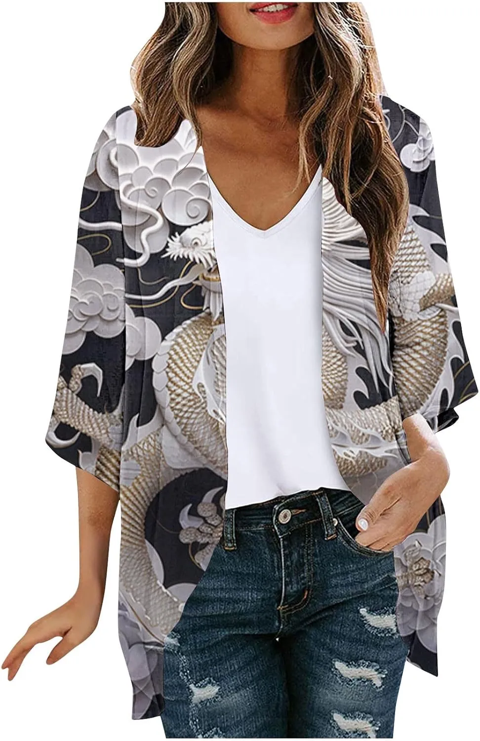 Womens Boho Kimono Cardigans Loose Floral Print Cover Up Chiffon Beach Wear Swimsuit Summer Puff Sleeve Blouse Tops