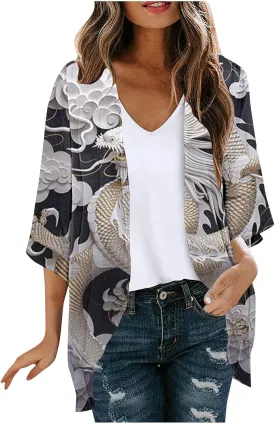Womens Boho Kimono Cardigans Loose Floral Print Cover Up Chiffon Beach Wear Swimsuit Summer Puff Sleeve Blouse Tops
