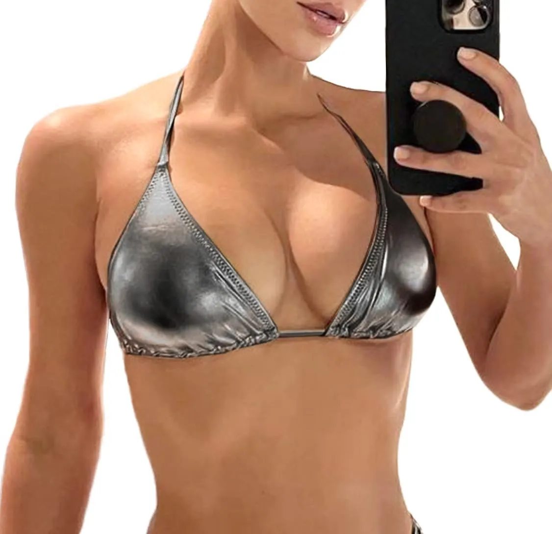 Women's Metallic Bikini Top - Halter Shiny Triangle Bralette Rave Tops Tie Side Swimsuit Bra