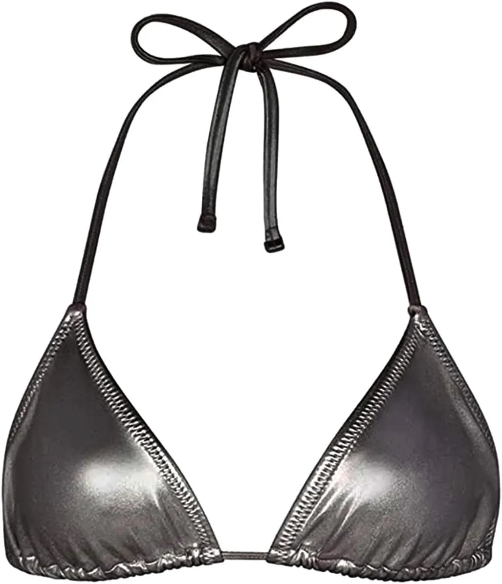 Women's Metallic Bikini Top - Halter Shiny Triangle Bralette Rave Tops Tie Side Swimsuit Bra