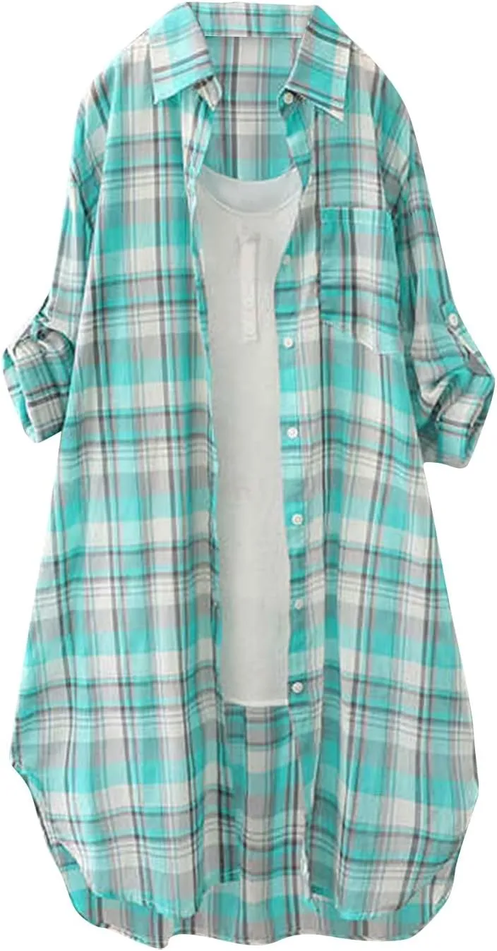 Womens Oversized Button Down Plaid Shacket Shirt with Pockets Roll Up Long Sleeve Casual Boyfriend Tunic Blouse Top