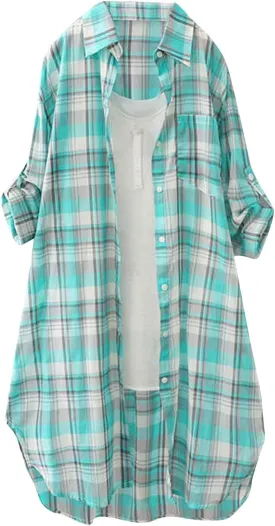 Womens Oversized Button Down Plaid Shacket Shirt with Pockets Roll Up Long Sleeve Casual Boyfriend Tunic Blouse Top