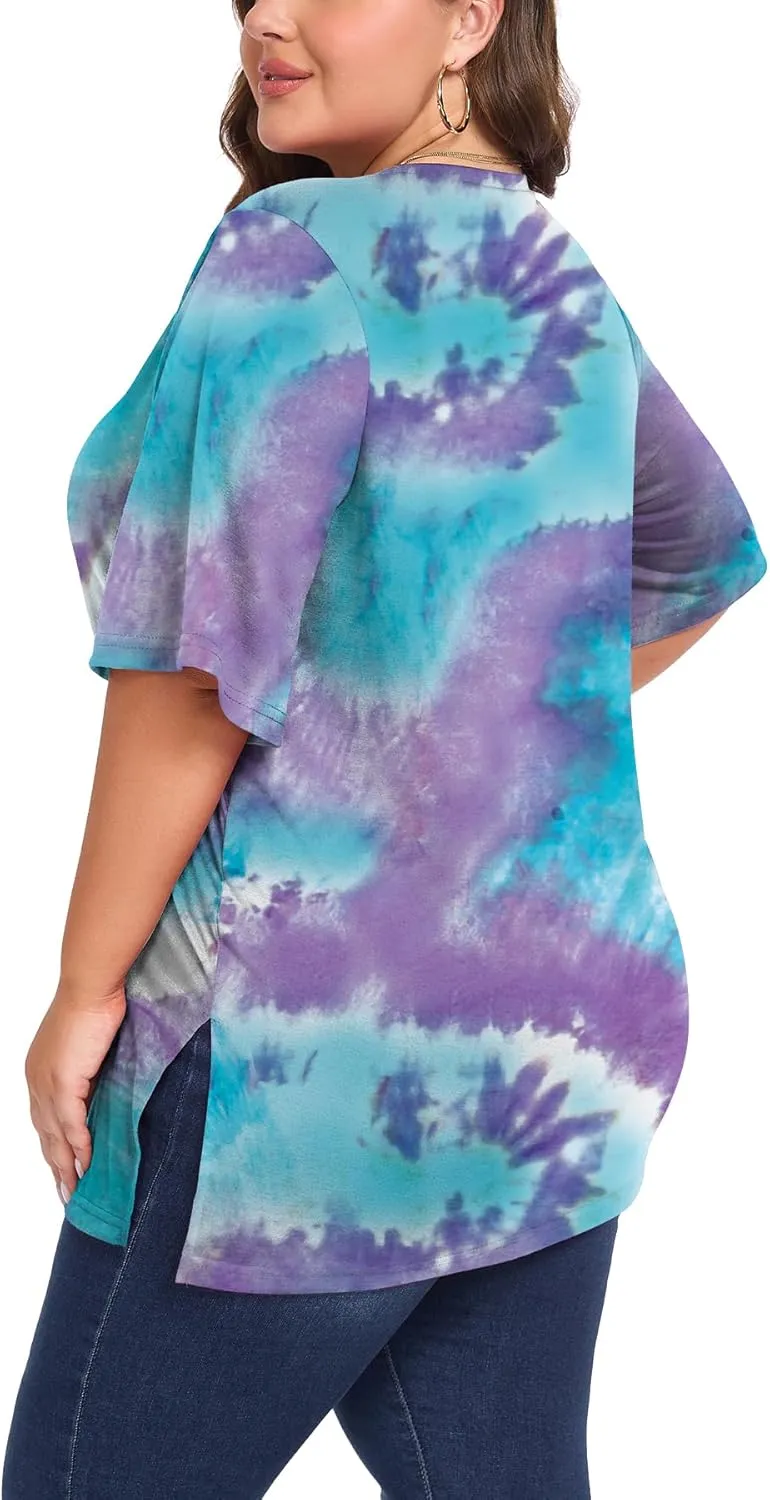 Women's Plus Size Crewneck Tops Half Sleeve Summer T-Shirt Loose Fit Blouse Casual Tunic with Side Split XL- 5XL