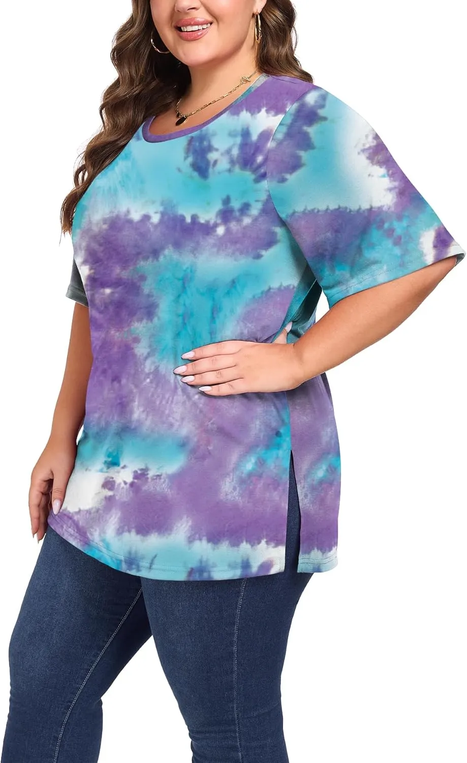 Women's Plus Size Crewneck Tops Half Sleeve Summer T-Shirt Loose Fit Blouse Casual Tunic with Side Split XL- 5XL