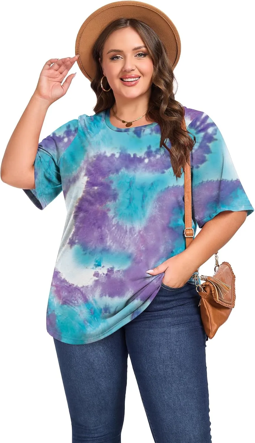 Women's Plus Size Crewneck Tops Half Sleeve Summer T-Shirt Loose Fit Blouse Casual Tunic with Side Split XL- 5XL