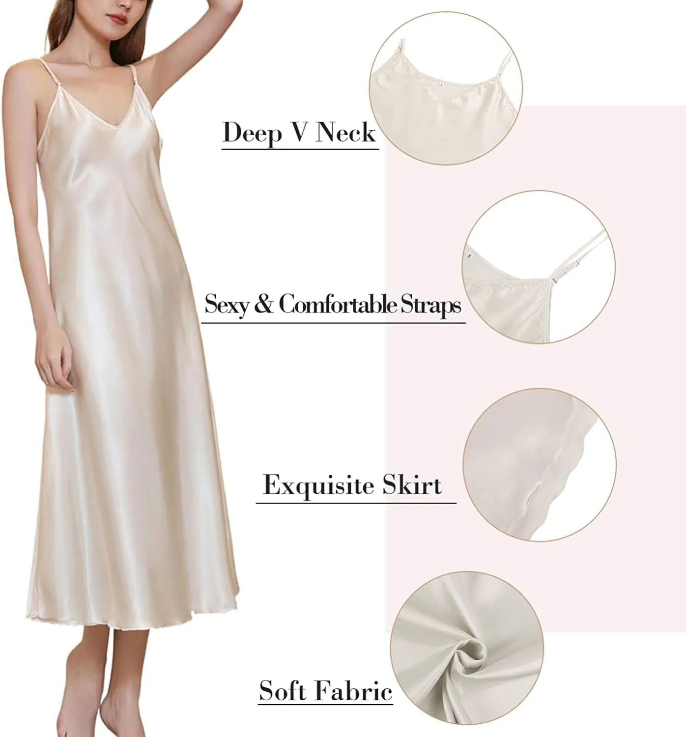 Womens Satin Nightgown Long Sleeveless Night Gowns Satin Silk Chemise Lingerie Slip Dress Nightgown Dress for Ladies