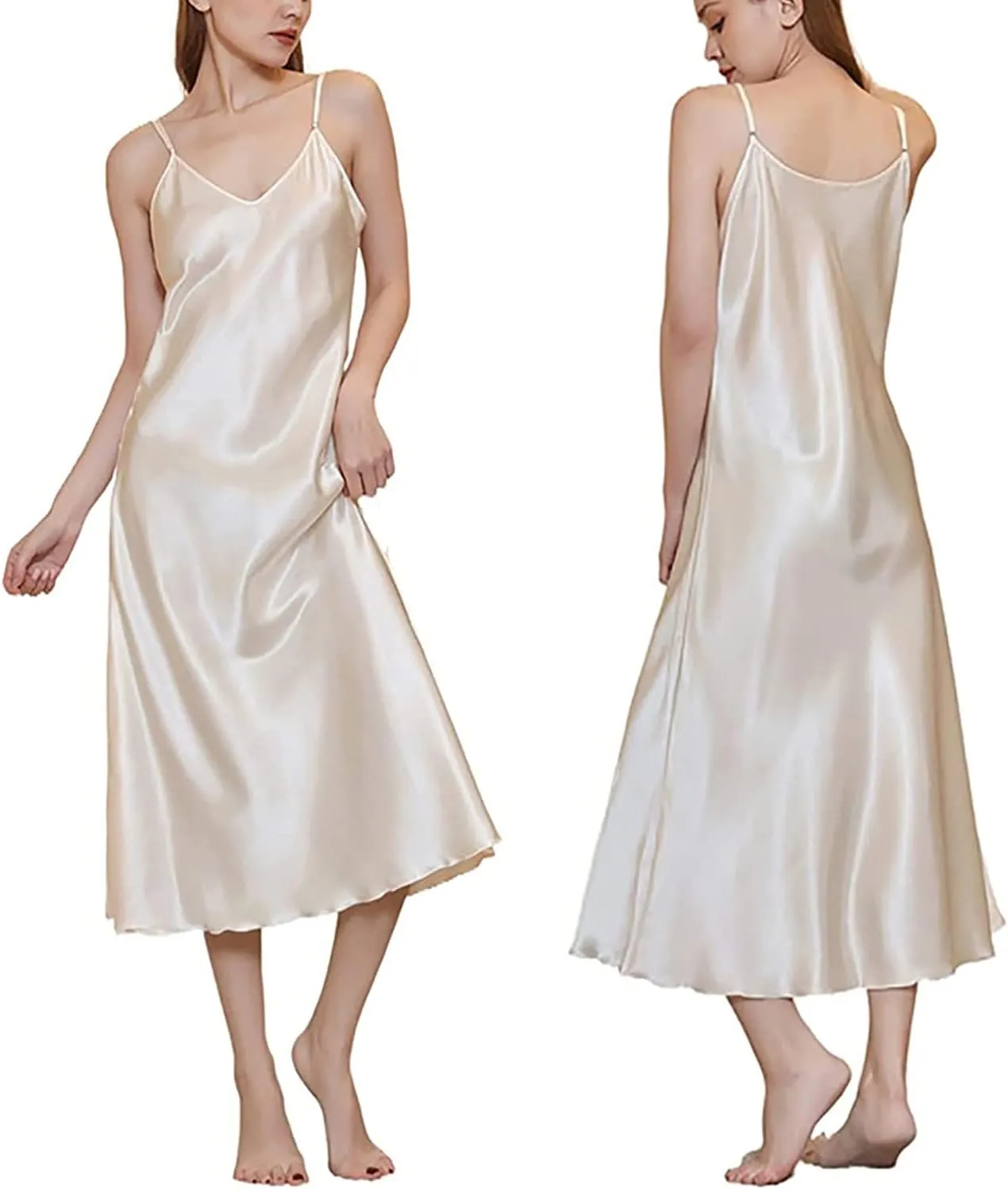 Womens Satin Nightgown Long Sleeveless Night Gowns Satin Silk Chemise Lingerie Slip Dress Nightgown Dress for Ladies