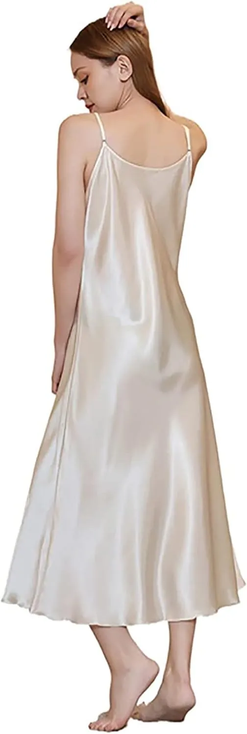 Womens Satin Nightgown Long Sleeveless Night Gowns Satin Silk Chemise Lingerie Slip Dress Nightgown Dress for Ladies