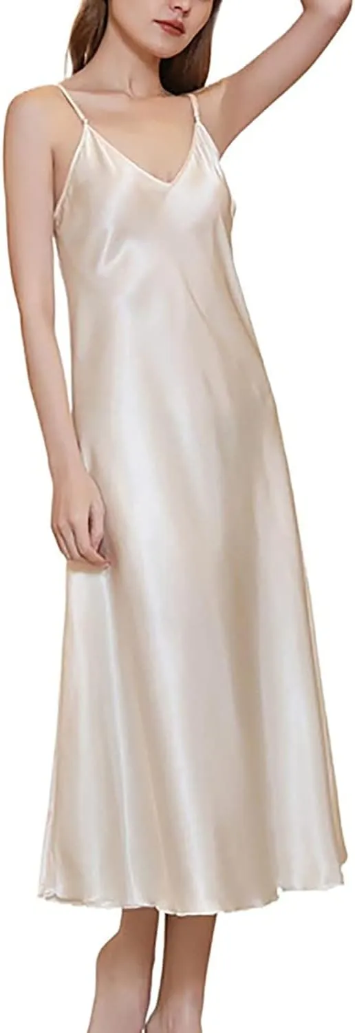Womens Satin Nightgown Long Sleeveless Night Gowns Satin Silk Chemise Lingerie Slip Dress Nightgown Dress for Ladies