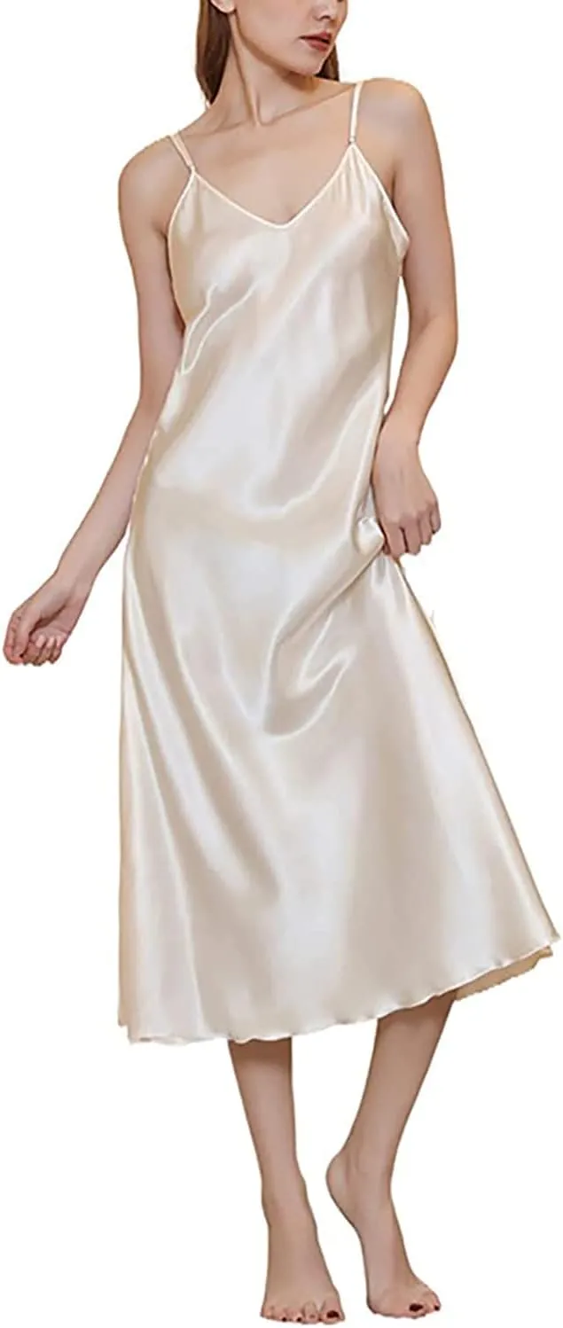 Womens Satin Nightgown Long Sleeveless Night Gowns Satin Silk Chemise Lingerie Slip Dress Nightgown Dress for Ladies