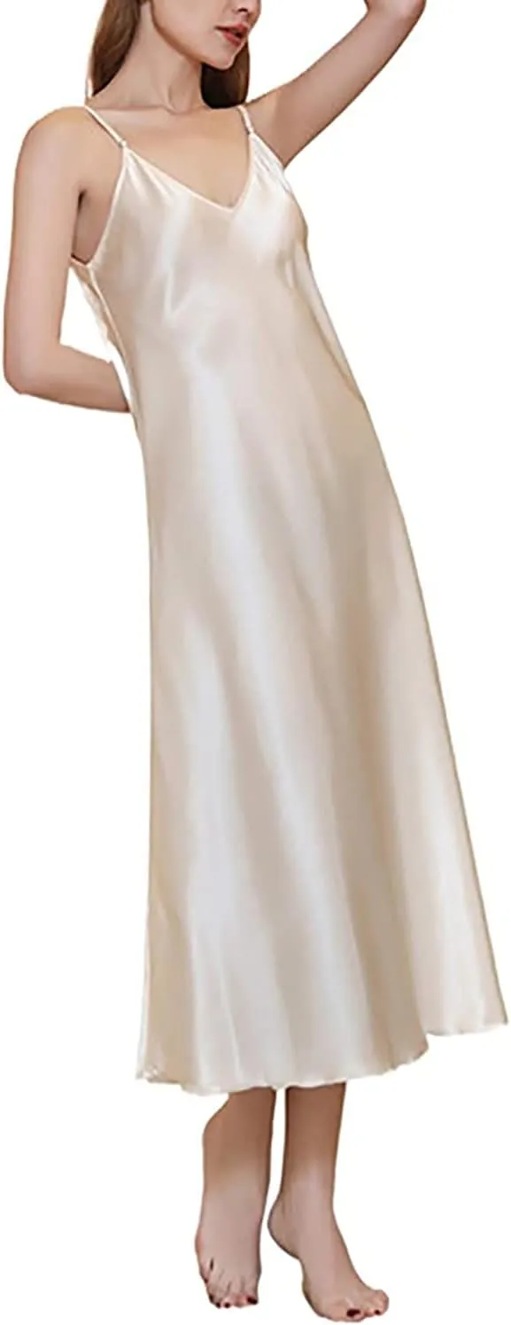 Womens Satin Nightgown Long Sleeveless Night Gowns Satin Silk Chemise Lingerie Slip Dress Nightgown Dress for Ladies