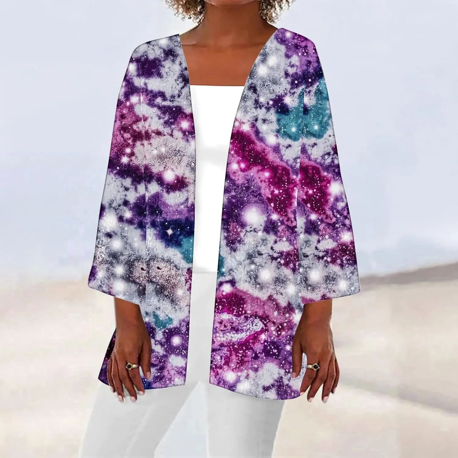 Womens Sequin Print Kimono Cardigan 3/4 Sleeve Loose Beach Wear Cover Up Summer Blouse Top Trendy Cruise Outfits