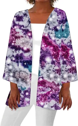 Womens Sequin Print Kimono Cardigan 3/4 Sleeve Loose Beach Wear Cover Up Summer Blouse Top Trendy Cruise Outfits