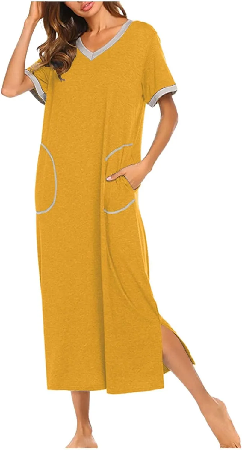 Women'S Soft Cotton Nightgown With Pockets, Short Sleeve V-Neck Sleepwear Comfortable Lounge Dress