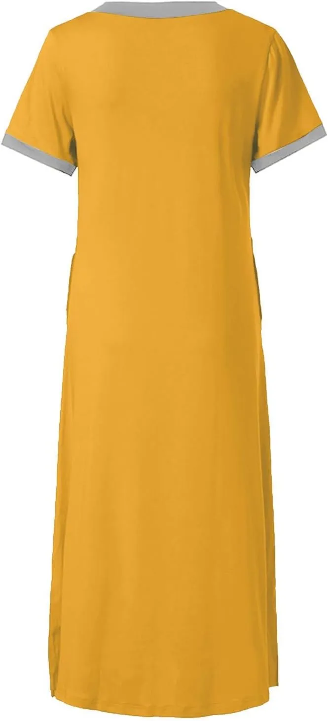 Women'S Soft Cotton Nightgown With Pockets, Short Sleeve V-Neck Sleepwear Comfortable Lounge Dress