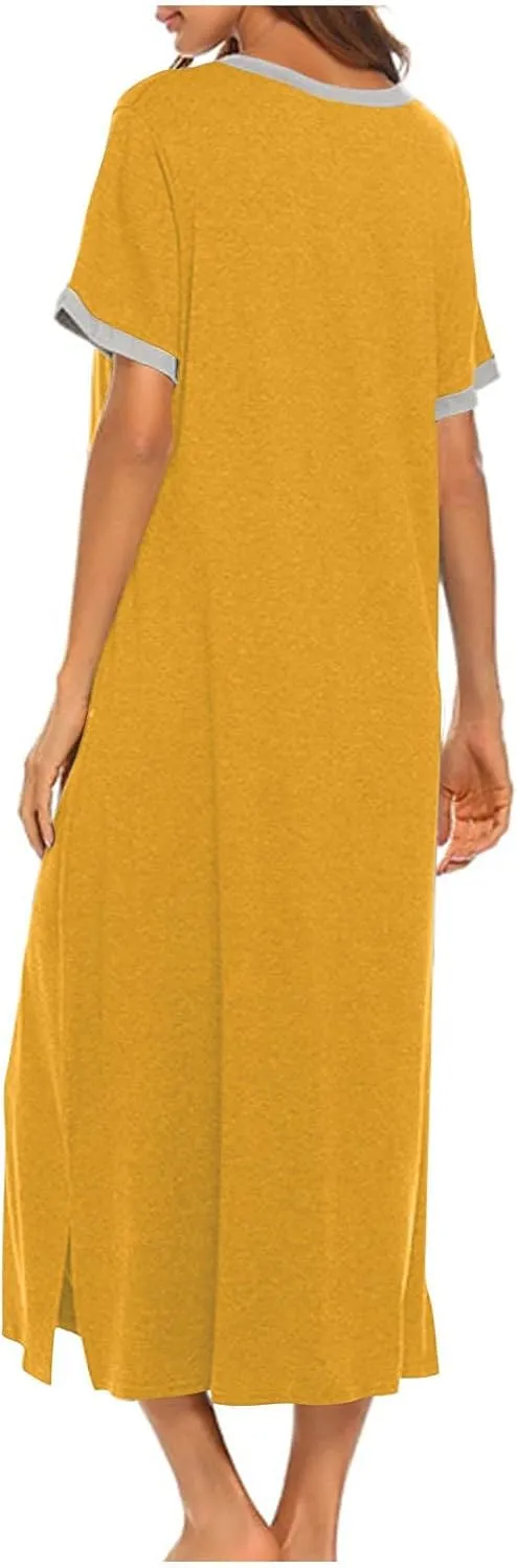 Women'S Soft Cotton Nightgown With Pockets, Short Sleeve V-Neck Sleepwear Comfortable Lounge Dress