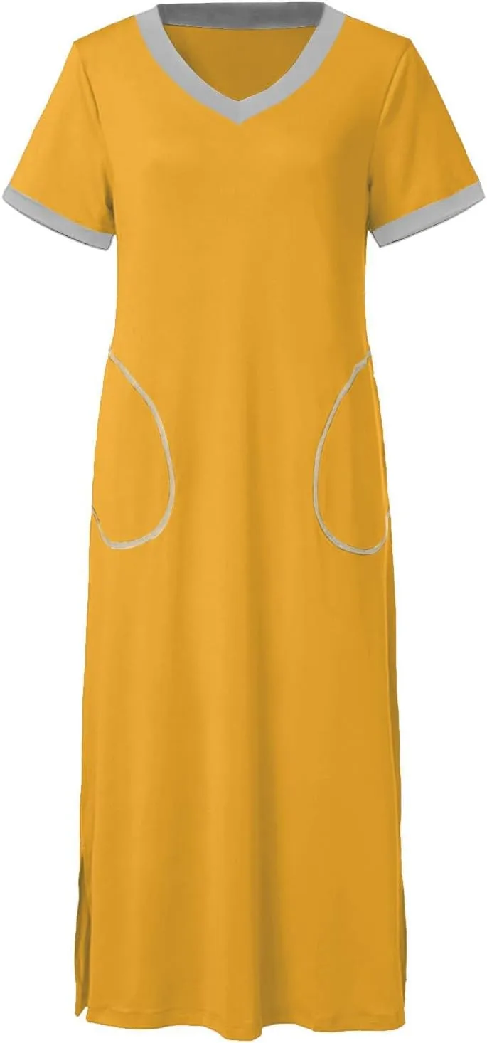 Women'S Soft Cotton Nightgown With Pockets, Short Sleeve V-Neck Sleepwear Comfortable Lounge Dress