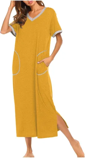 Women'S Soft Cotton Nightgown With Pockets, Short Sleeve V-Neck Sleepwear Comfortable Lounge Dress