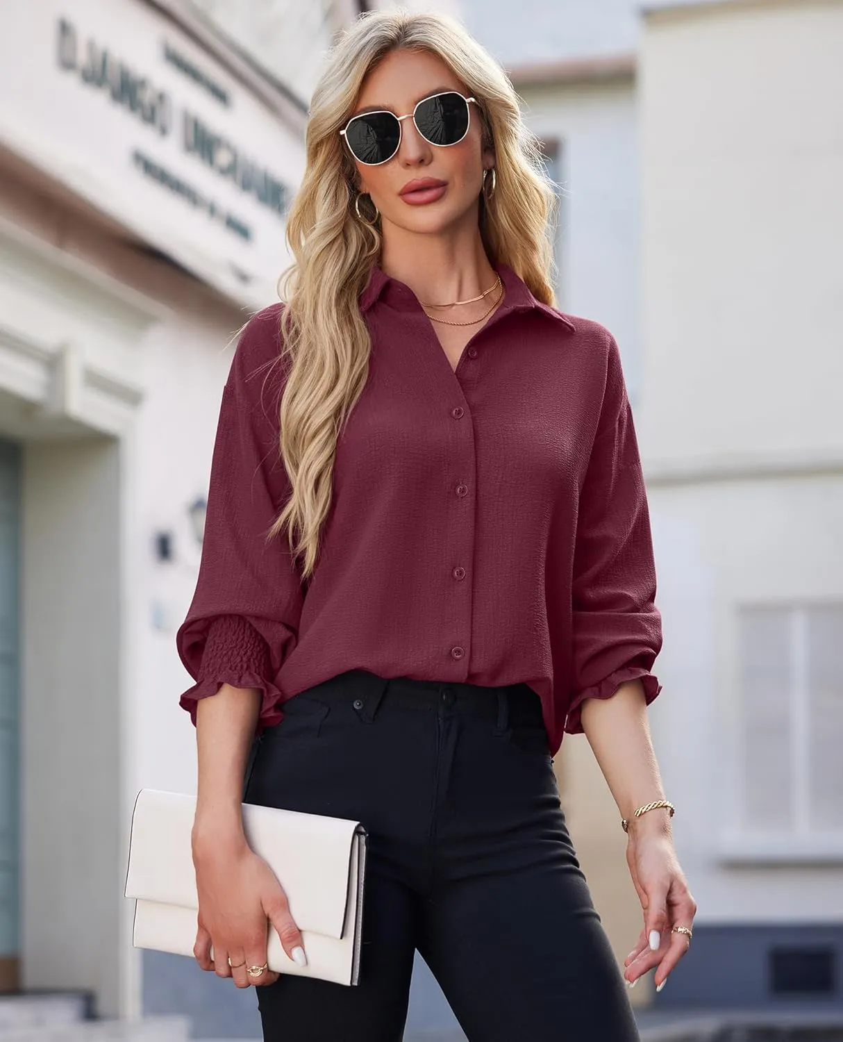 Women's Striped Button Down Shirts Long Sleeve Smocked Cuffed Oversized Boyfriend Blouses Collared Work No Pockets Tops1