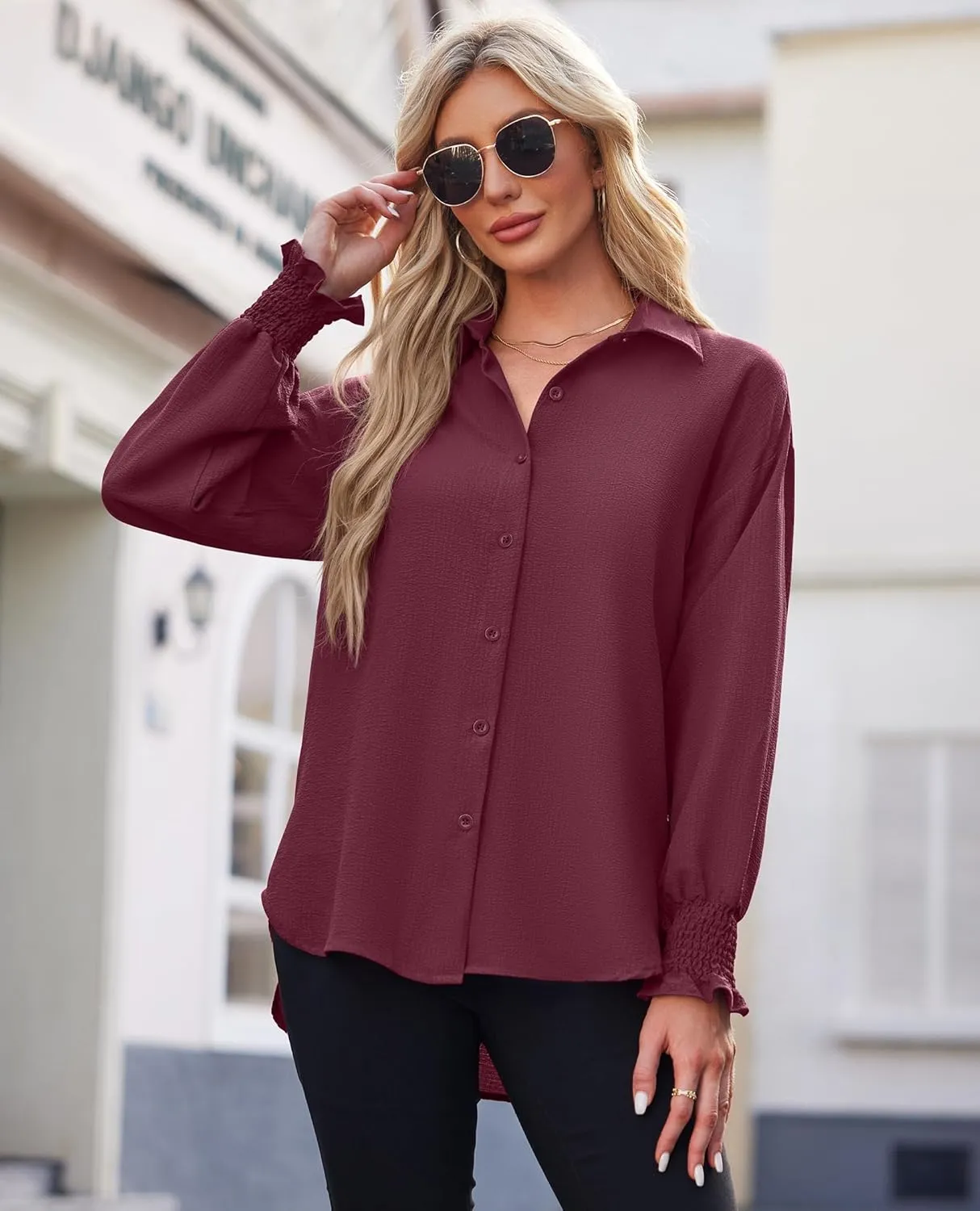 Women's Striped Button Down Shirts Long Sleeve Smocked Cuffed Oversized Boyfriend Blouses Collared Work No Pockets Tops1