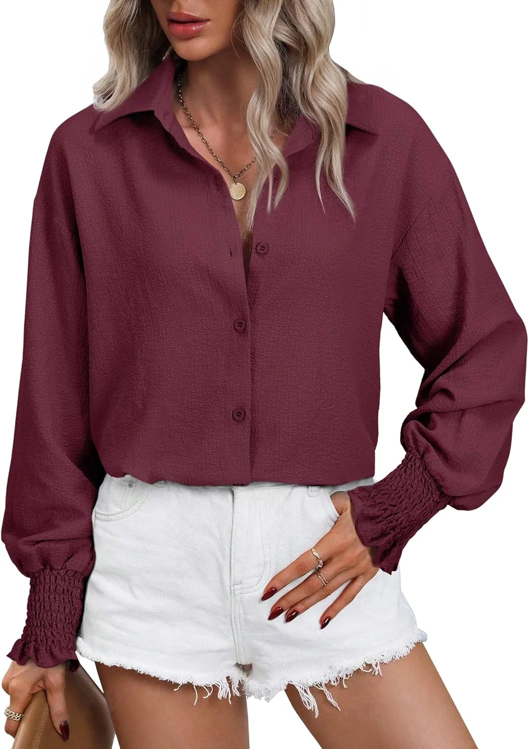 Women's Striped Button Down Shirts Long Sleeve Smocked Cuffed Oversized Boyfriend Blouses Collared Work No Pockets Tops1