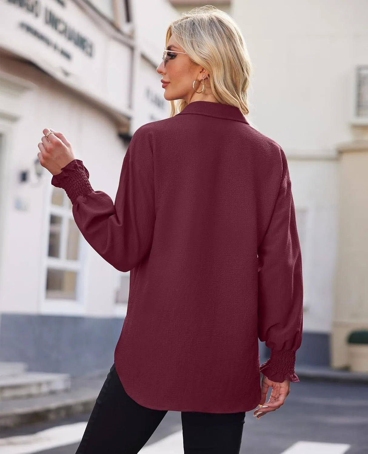 Women's Striped Button Down Shirts Long Sleeve Smocked Cuffed Oversized Boyfriend Blouses Collared Work No Pockets Tops1