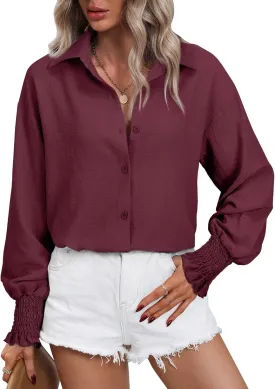 Women's Striped Button Down Shirts Long Sleeve Smocked Cuffed Oversized Boyfriend Blouses Collared Work No Pockets Tops1