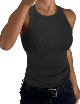 Womens Tank Tops High Neck Sleeveless Ribbed Tank Casual Basic Thick Strap Slim Fitted Racerback Shirts