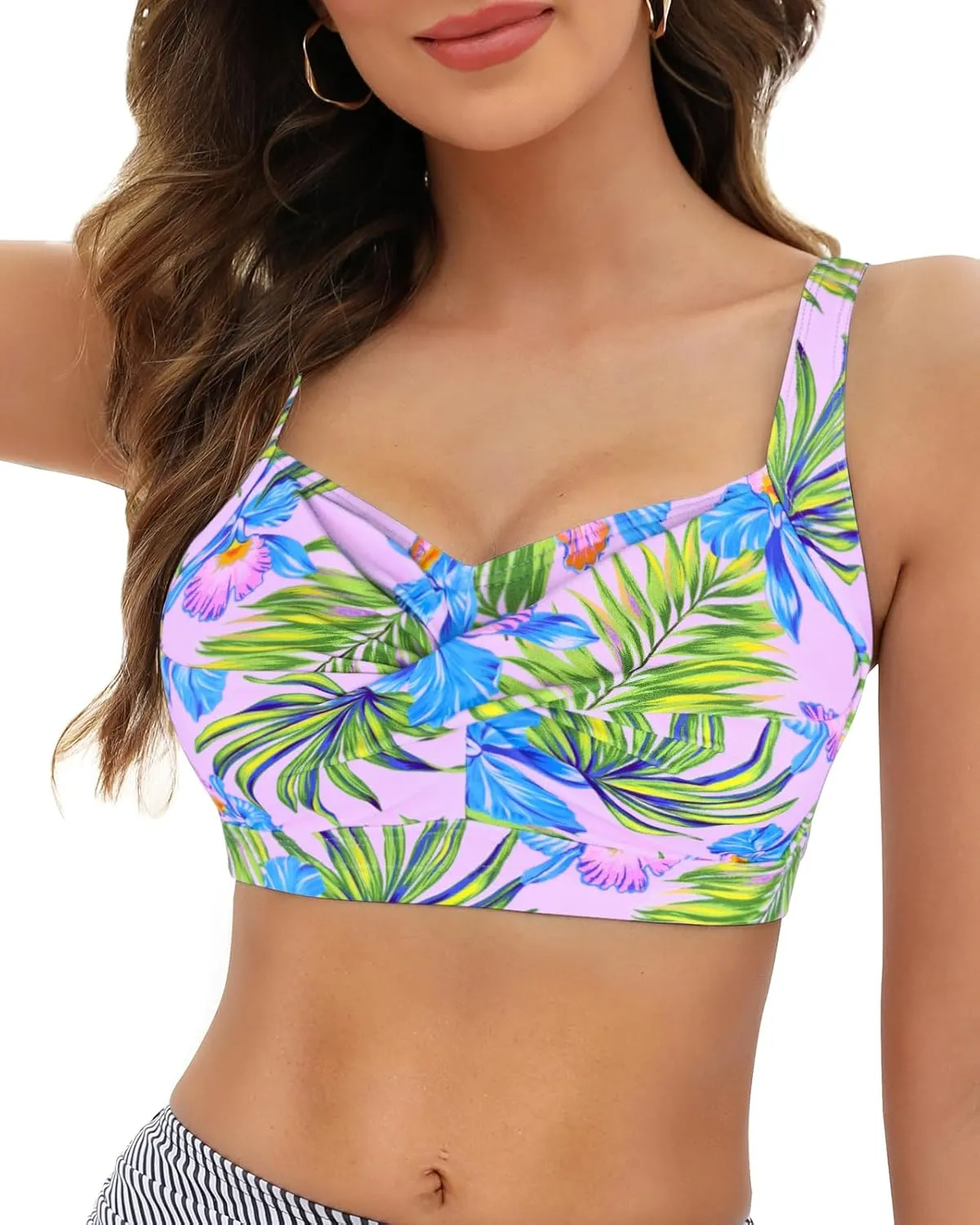 Women's Twist Front Bikini Top V Neck Full Coverage Padded Swimsuit Bathing Suit Tops Only