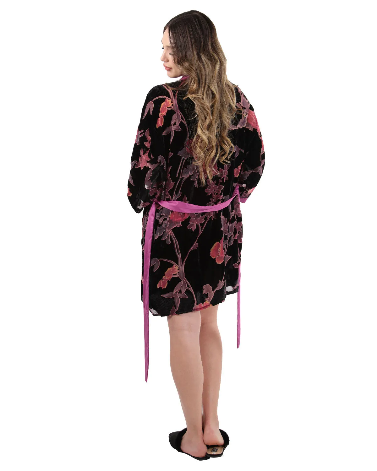 Women's Velvet Burnout Satin Trim Floral Kimono Robe